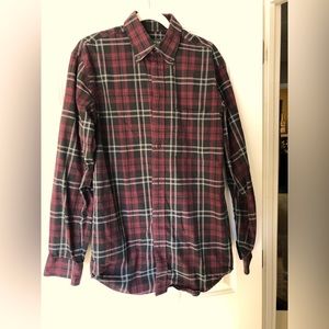 Burgundy and gray plaid Orvis button down shirt. Heavy cotton fabric.